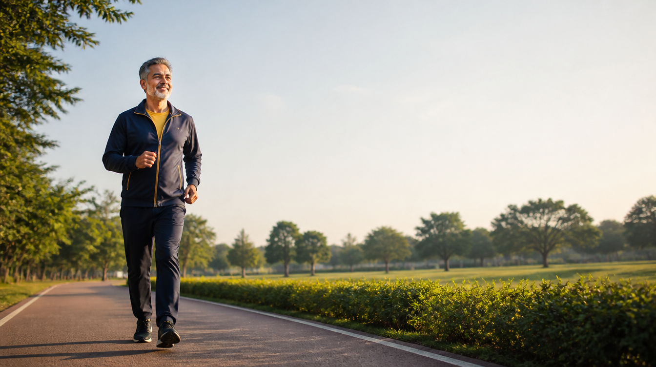 Man in his 40s jogging in a park at sunrise