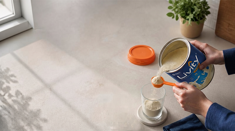 Pouring Livity Prime powder into a glass of milk