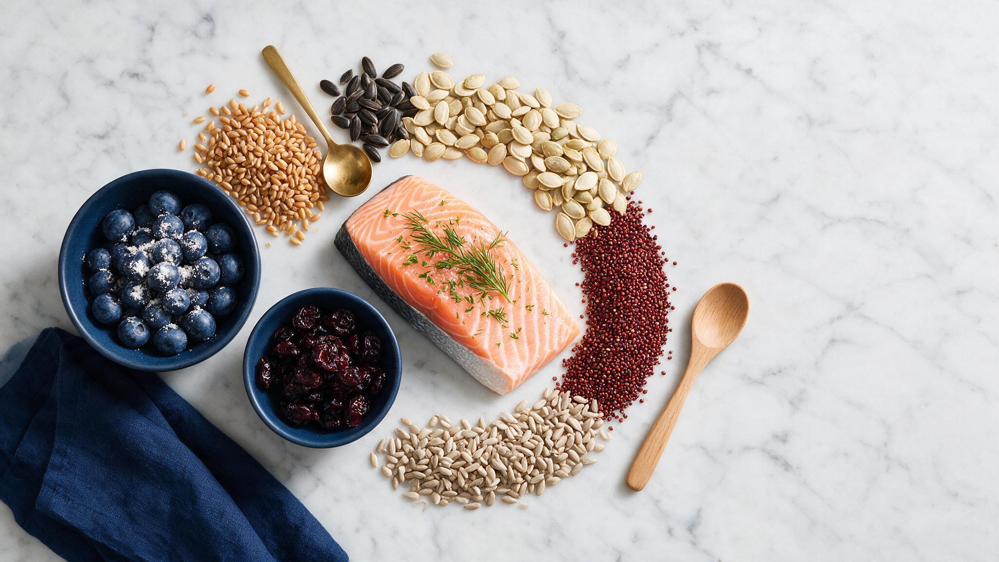 Natural nutrient sources laid out on marble